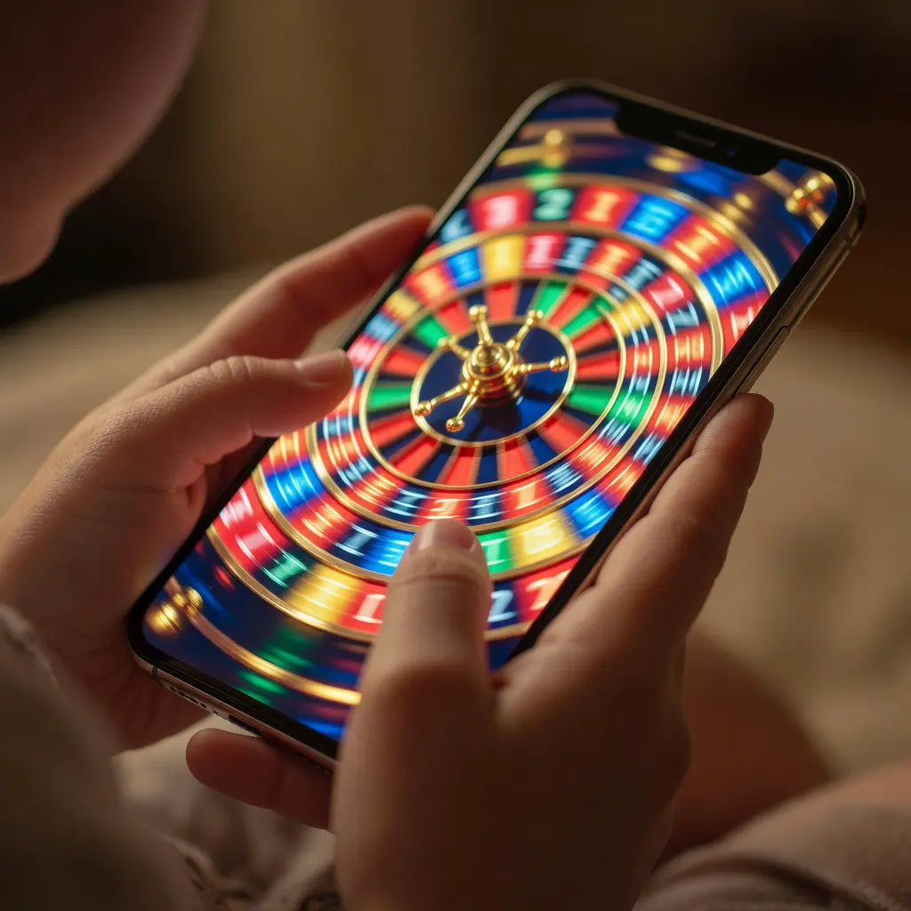 Close-up of a child's hands holding a smartphone with colorful spinning wheel graphics on screen, illustrating the risk of children accidentally encountering gambling content online