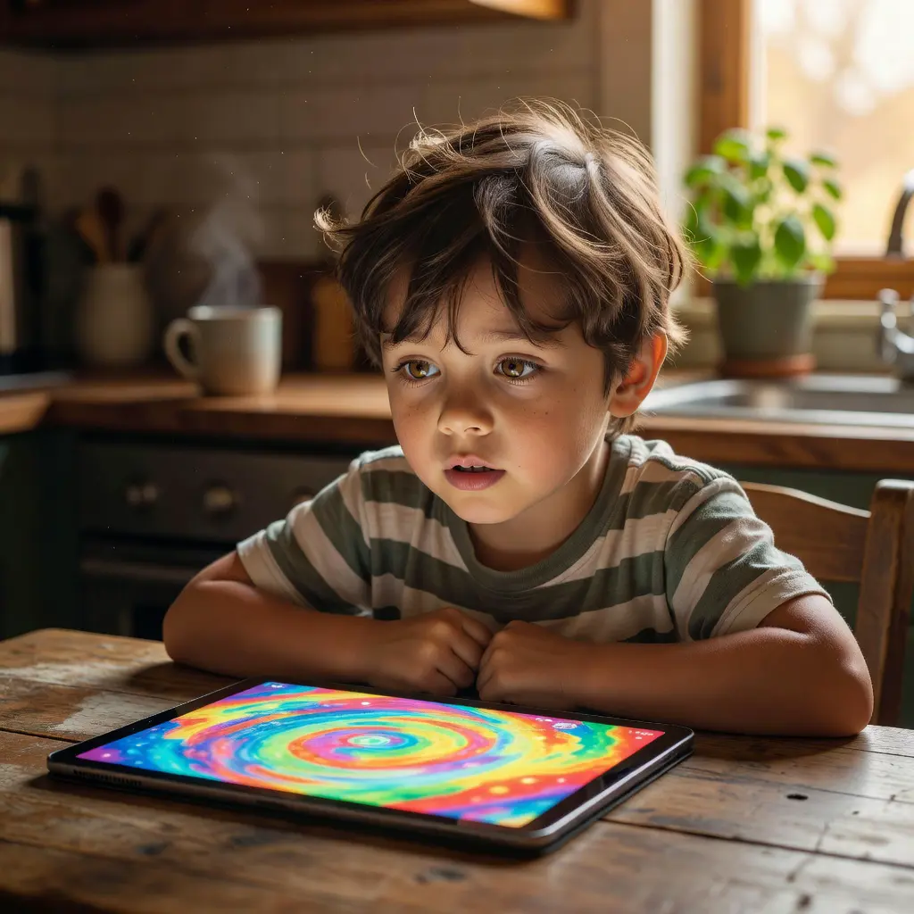 Child using tablet with online advertising visible Young child sitting at a kitchen table looking at a colorful tablet screen with app advertisements, in a warm home environment