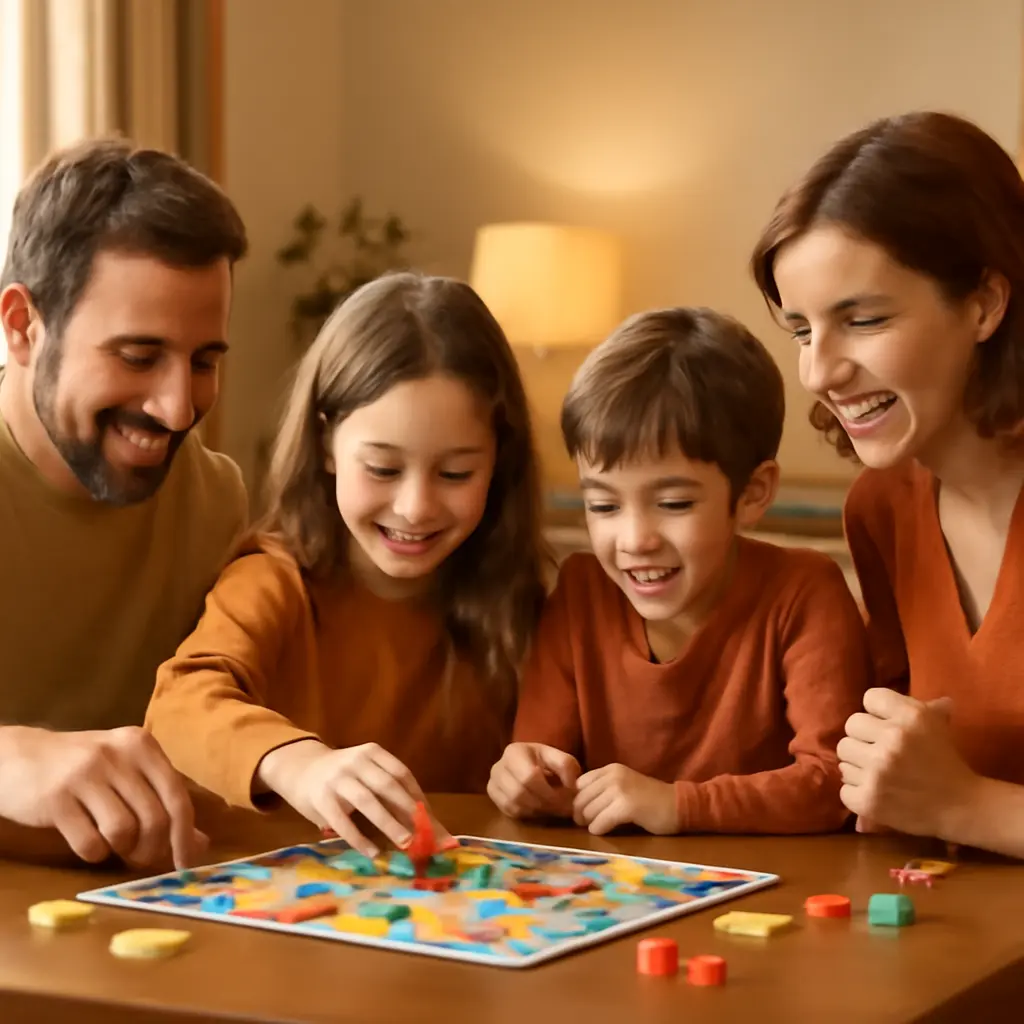 Family playing a board game together around a table