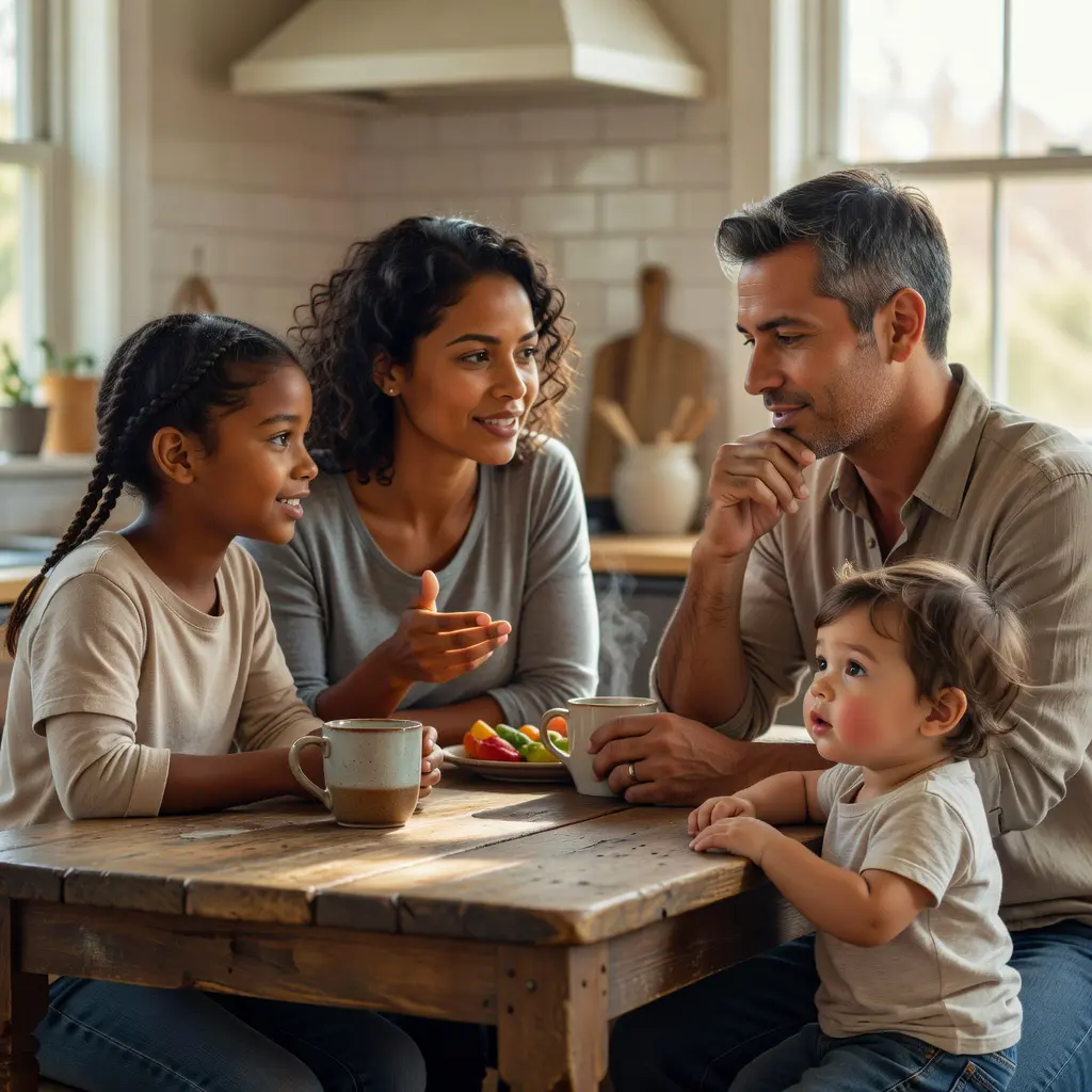 Family having a calm open conversation about internet safety A diverse family of four sitting around a kitchen table having a calm, engaged conversation about online safety with no devices present