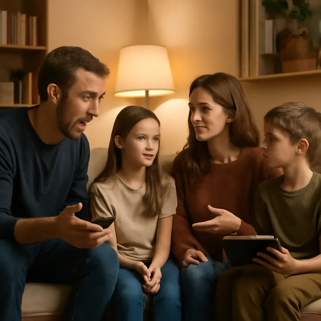 Family managing devices Parents and children negotiating screen time around a living room table