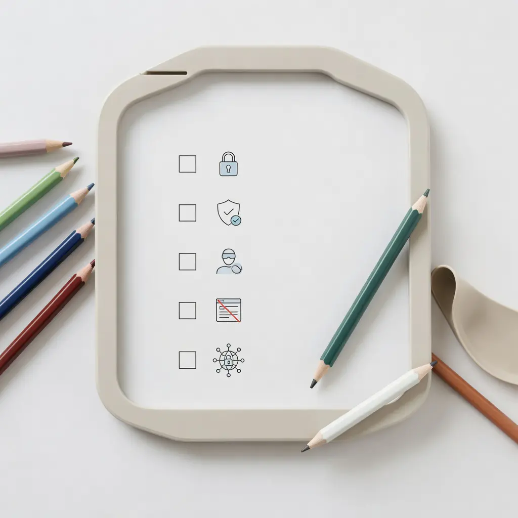 Five-step safety checklist for parents reviewing websites A simple illustrated five-step checklist showing parents how to evaluate suspicious websites for children's online safety
