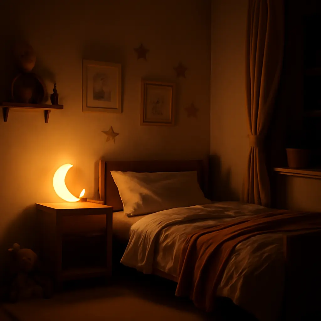 Nighttime bedroom setup Cozy child's bedroom at night with dim lighting and a small night light