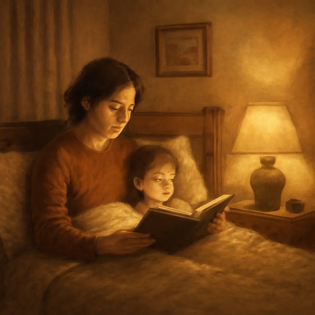 Parent reading a bedtime story with a child in a cozy bedroom