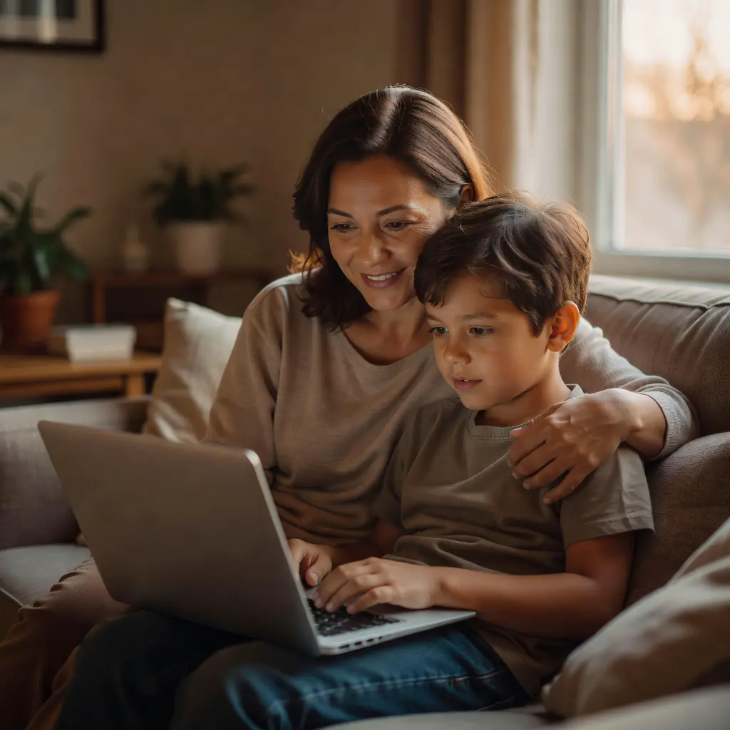 Parent and child discussing online safety at home A parent sitting beside their child in front of a laptop, having an open and supportive conversation about internet safety in a warm home environment