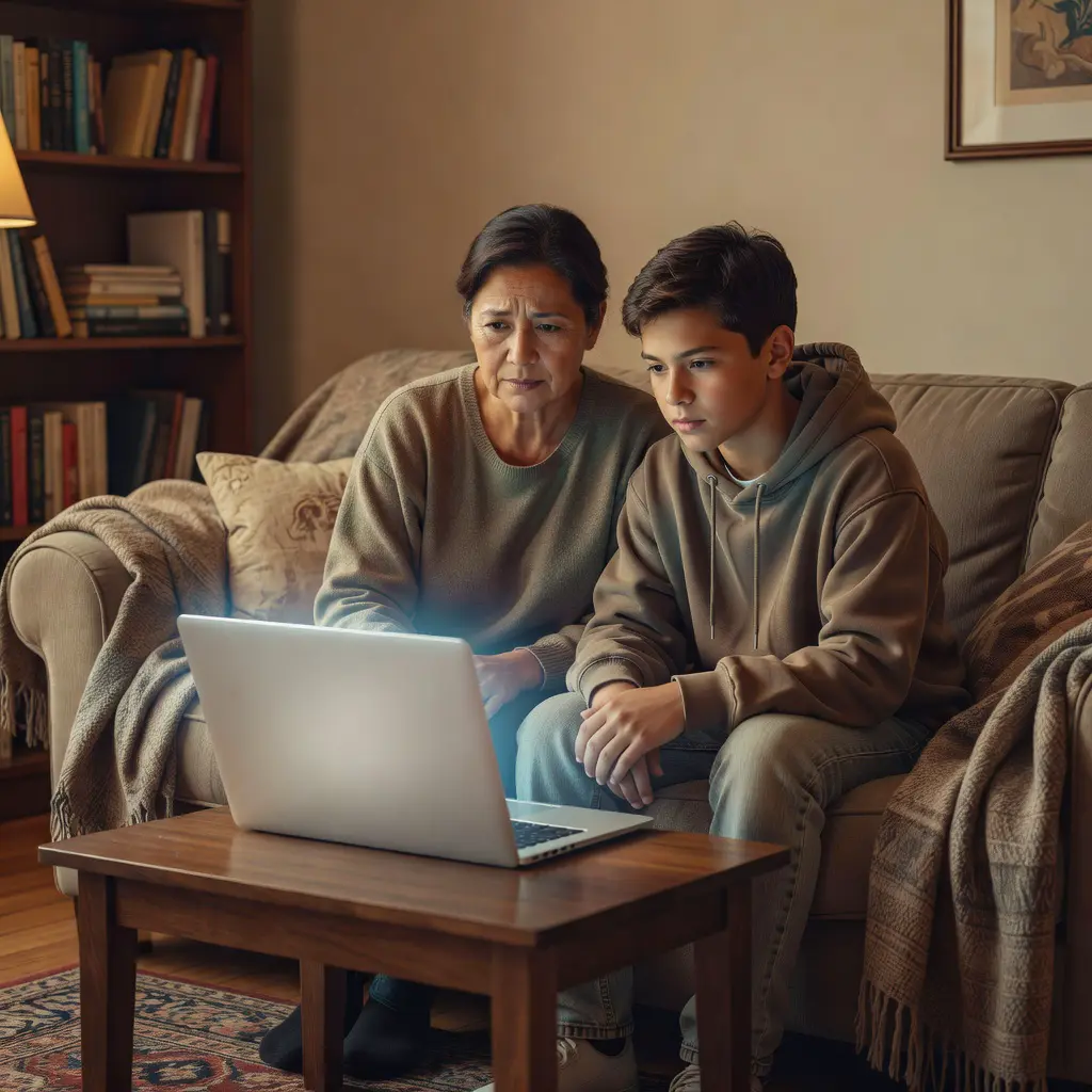Parent and child reviewing website safety together A parent and teenage child sitting together at a laptop in a cozy living room, calmly reviewing a website for safety