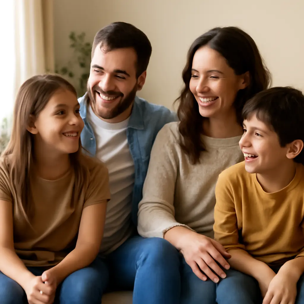 Parent and children smiling together at home
