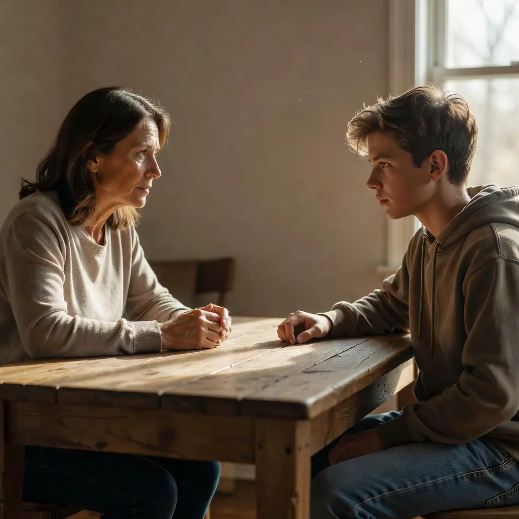 A parent and teenage child sitting across from each other at a home table, engaged in a thoughtful and calm conversation about online safety, with warm natural lighting
