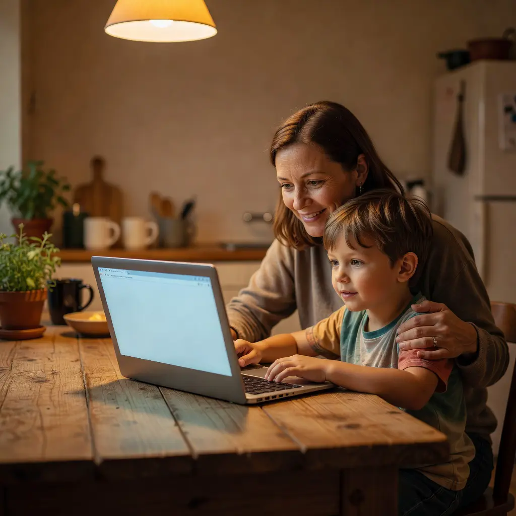 A parent and young child sitting together at a kitchen table looking at a laptop screen with a calm and thoughtful expression, in a warm family home setting