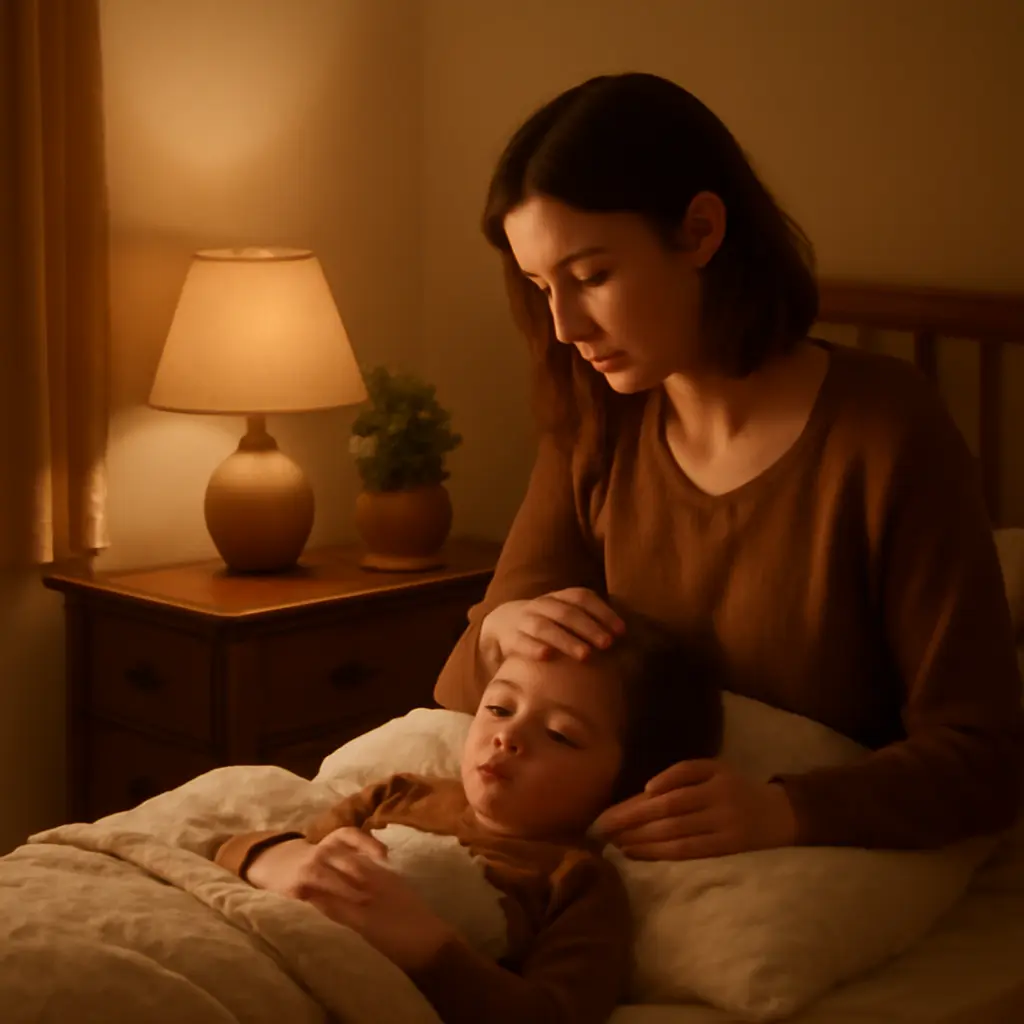 Parent calming child at bedtime Parent soothing a sleepy child at bedtime with dim lights and calm posture