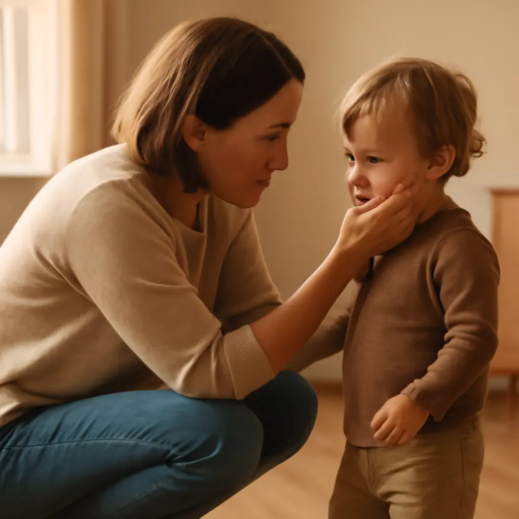 Parent gently comforting a toddler during a small tantrum