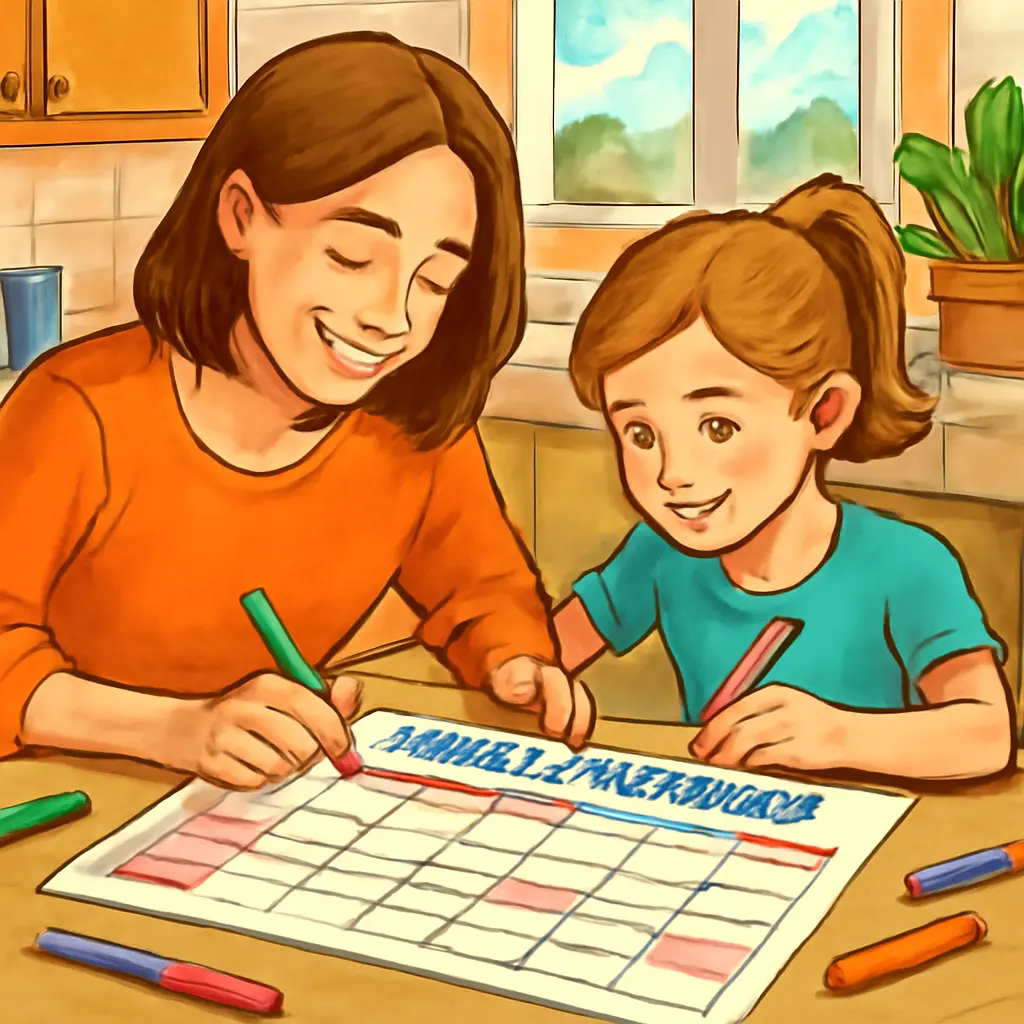 Parents planning schedule Parent and child creating a weekly screen schedule on paper